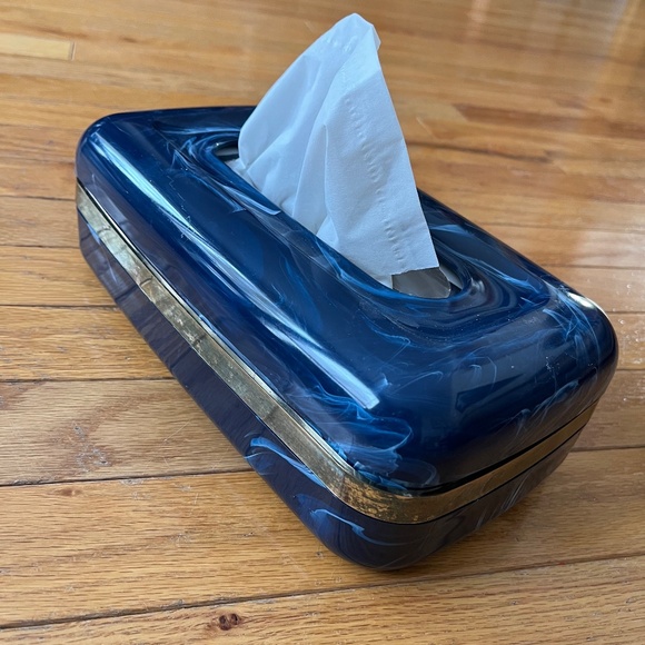 Vintage 90s Navy Blue Marbelled Plastic Tissue Box Cover - Picture 2 of 6